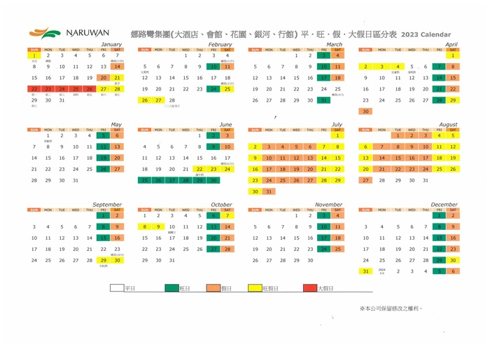 2023年娜路彎集團平旺假日區分表圖片