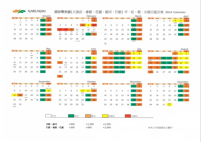 2024年娜路彎集團平旺假日區分表圖片